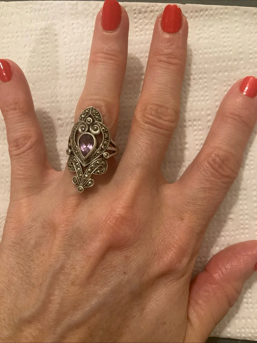 925 Sterling Silver Vintage Real Amethyst & Marcasite Oxidized Ring Size 7
